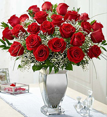 Premium Long Stem 24 Red Roses in Clear Vase